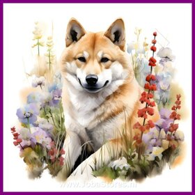 Diamond Painting Akita met bloemen 10 (formaat en vorm steentjes naar keuze)