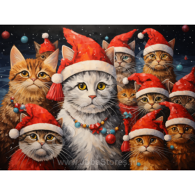 Diamond Painting Katten met Kerstmutsen 02 (formaat en vorm steentjes naar keuze)