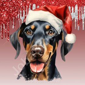 Diamond Painting Dobermann met Kerstmuts (formaat en vorm steentjes naar keuze)