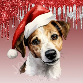 Diamond Painting Jack Russell met Kerstmuts (formaat en vorm steentjes naar keuze)