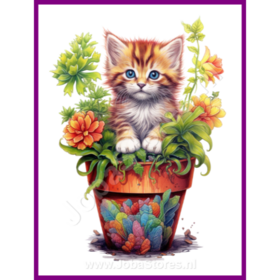 Diamond Painting Kitten in plantenpot 08 (formaat en vorm steentjes naar keuze)