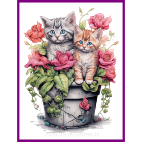 Diamond Painting Kitten in plantenpot 14 (formaat en vorm steentjes naar keuze)