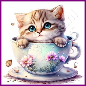 Diamond Painting Kitten in theekopje 09 (formaat en vorm steentjes naar keuze)