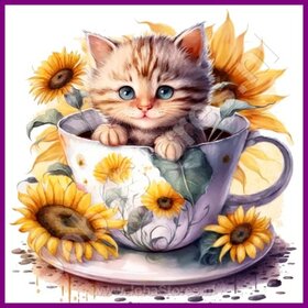 Diamond Painting Kitten in theekopje 10 (formaat en vorm steentjes naar keuze)