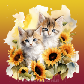 Diamond Painting Kittens met zonnebloemen 02 (formaat en vorm steentjes naar keuze)