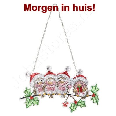 OP=OP Diamond Painting Hangend Kerst Ornament vogeltjes met kerstmuts (22cm)