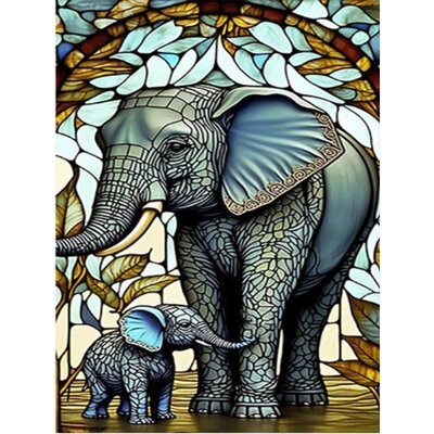 Diamond Painting Glas in lood Olifant met kleintje 01 (formaat en vorm steentjes naar keuze)