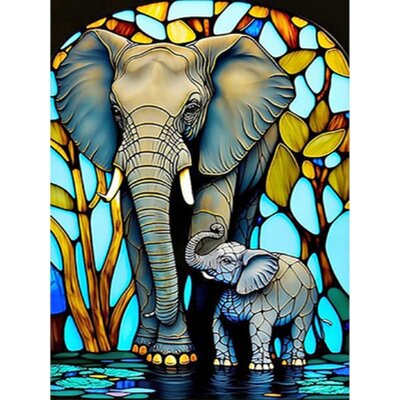 Diamond Painting Glas in lood Olifant met kleintje 02 (formaat en vorm steentjes naar keuze)