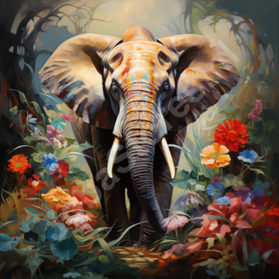 Diamond Painting Olifant tussen bloemen (formaat en vorm steentjes naar keuze)