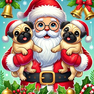 Diamond Painting Kerstman met honden - Mopshond